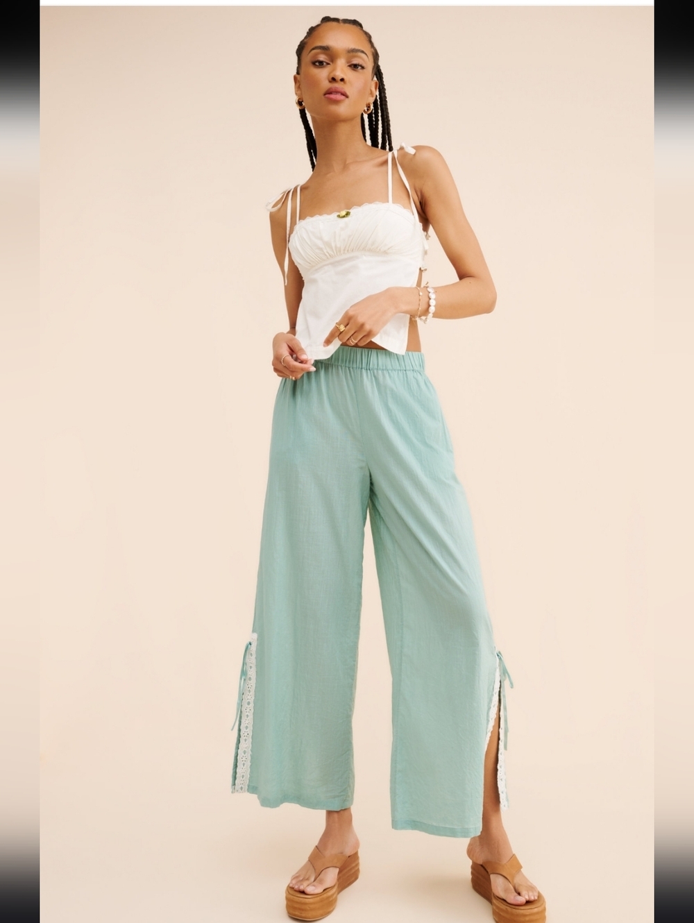 Anthropologie Sage Green Wide-Leg Eyelit Tie-Slit Pants